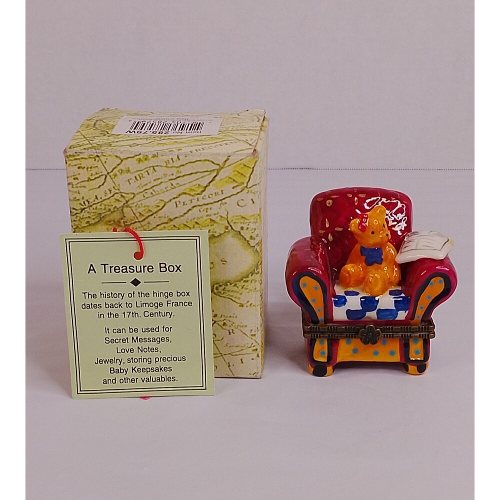 Vintage Teddy Bear on Chair Porcelain Hinged Trinket Box